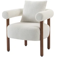 HOMCOM Poltrona em Tecido Teddy para Sala com Almofada Lombar, Assento Espesso e Estrutura em Madeira, Creme(m-1)
