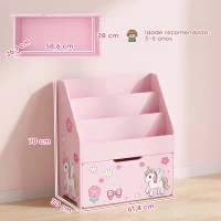 AIYAPLAY Estante Infantil para Livros com Gaveta Móvel e 3 Prateleiras, Design Unicórnio, Montessori, 3-8 Anos, Rosa(m-3)