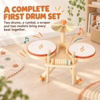 AIYAPLAY Kids Drum Kit, Wooden Musical Instruments with 2 Drums, Cymbal, Scraper, 2 Mallets for Toddlers, Music Learning, Natural(m-4)