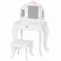 HOMCOM Kids Vanity Table and Chair Set with Tri-Folding Mirror and Stool, Makeup Dressing Table with Drawer, White(m-10)