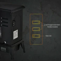 HOMCOM Elektrische Kachel Vrijstaand, Vlameffect, 2 Verwarmingsmodi 1000W/2000W, Gehard Glas, Zwart, 36,5x24x45,5 cm(m-5)