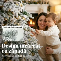 HOMCOM Brad de Crăciun Înzăpezit 180 cm cu 350 de Lumini LED Alb Cald, Timer, Telecomandă, 8 Modalități, 740 de Ramuri Ignifuge(m-6)