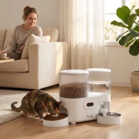 PawHut Comedero Automático para Gatos/Perros con Dispensador de Agua 2 en 1 5L Comida y 4L Agua con Temporizador Cuencos Inox(m-8)