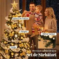 HOMCOM Brad de Crăciun 180 cm cu 200 LED-uri Alb Cald, 8 Moduri, 800 Crenguțe Ignifuge, Globuri, Panglici și Funde(m-6)