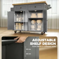 HOMCOM Kitchen Island on Wheels, Rolling Kitchen Trolley with Rubberwood Top, 2 Drawers, Adjustable Shelves, Grey(m-5)