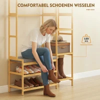 HOMCOM Kapstok met schoenenrek, kledinghaken, jasstandaard, zitbank met kussen, voor hal, entree, natuurhout(m-6)
