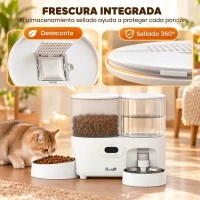 PawHut Comedero Automático para Gatos/Perros con Dispensador de Agua 2 en 1 5L Comida y 4L Agua con Temporizador Cuencos Inox(m-6)