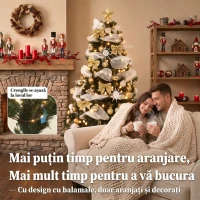 HOMCOM Brad de Crăciun 180 cm cu 200 LED-uri Alb Cald, 8 Moduri, 800 Crenguțe Ignifuge, Globuri, Panglici și Funde(m-7)