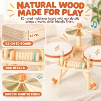 AIYAPLAY Kids Drum Kit, Wooden Musical Instruments with 2 Drums, Cymbal, Scraper, 2 Mallets for Toddlers, Music Learning, Natural(m-7)