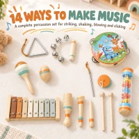 AIYAPLAY Kids Drum Kit, 14 Pieces Wooden Kids Musical Instruments Set with Tone Block, Maracas, Triangle, Xylophone for Toddlers(m-4)