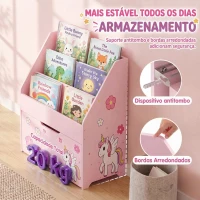 AIYAPLAY Estante Infantil para Livros com Gaveta Móvel e 3 Prateleiras, Design Unicórnio, Montessori, 3-8 Anos, Rosa(m-7)