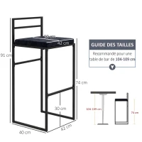 HOMCOM Lot de 2 chaises de bar tabourets hauts coussin d'assise velours repose-pieds  hauteur 74 cm noir(m-3)