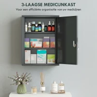 kleankin Medicijnkast voor wandmontage met slot, 3-niveaus stalen hangkast, 40 x 15 x 53,5 cm, Antracietgrijs(m-5)