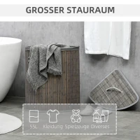 HOMCOM 55 L Wasmand met Deksel, Handvat, Wasklerensorteerder met Uitneembare Waszak voor Badkamer, Bamboe, Grijs(m-4)