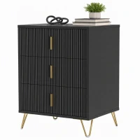 HOMCOM Modern 3-Drawer Dresser, Fluted Bedroom Dresser Chest of Drawers with Metal Legs and Steel Handles for Bedroom, Black(m-15)