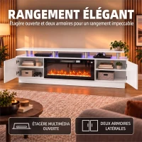 HOMCOM Meuble TV avec Cheminée Électrique 203cm avec Éclairage LED Fausse Cheminée Décorative 900/1800W Effet Flamme 3D Blanc(m-4)