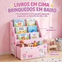 AIYAPLAY Estante Infantil para Livros com Gaveta Móvel e 3 Prateleiras, Design Unicórnio, Montessori, 3-8 Anos, Rosa(m-4)