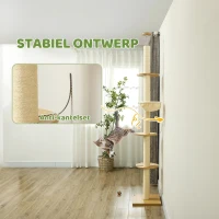 PawHut Plafondhoge krabpaal, anti-kantelbeveiliging, sisaltouwpaal, houtmateriaal, Eik+Crèmewit(m-7)