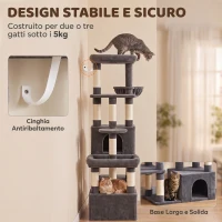 PawHut Tiragraffi per Gatti Alto 180 cm Multilivello, 13 Pali, 2 Casette, Amaca, Lettini, Grigio Scuro(m-7)