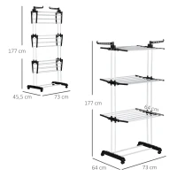 HOMCOM Wasdroogrek, 4 niveaus, inklapbaar, 4 wielen met 2 remmen, metalen frame, Zwart, 73 x 64 x 177cm(m-3)