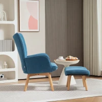 HOMCOM Accentstoel met Hocker, Relaxfauteuil in Corduroy-Look, Armstoel met Houten Poten, voor Woonkamer, Blauw(m-7)