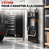 HOMCOM Diable Pliable 2 en 1 Extensible 220KG Pliage Plat Chariot Plateforme Acier Poignée Réglable Roues 360° 112x41x92cm Noir(m-7)