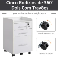 HOMCOM Gaveteiro de Secretária com Rodas e 3 Gavetas, Fechadura e 2 Chaves, Barras Ajustáveis para Arquivos, 39,2x40x65,4 cm, Branco(m-6)