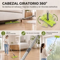 HOMCOM Set de Fregona Plana y Cubo con Escurridor 2 Compartimentos Cabezal 360° 5 Mopas Microfibra Uso Seco/Húmedo Gris Oscuro(m-7)