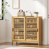 HOMCOM Bamboo Shoe Cabinet with 2 Sliding Slat Doors, 16Pairs, Adjustable Shelves, Natural(m-8)