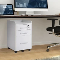 HOMCOM Gaveteiro de Secretária com Rodas e 3 Gavetas, Fechadura e 2 Chaves, Barras Ajustáveis para Arquivos, 39,2x40x65,4 cm, Branco(m-2)