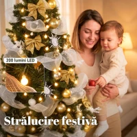 HOMCOM Brad de Crăciun 180 cm cu 200 LED-uri Alb Cald, 8 Moduri, 800 Crenguțe Ignifuge, Globuri, Panglici și Funde(m-5)