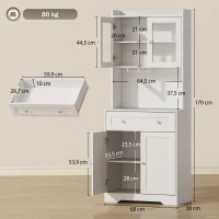 HOMCOM Küchenschrank mit Arbeitsfläche, Weinglashalter, Vorratsschrank für Küche, Esszimmer, 170 cm, MDF, Glas, Weiß(m-3)