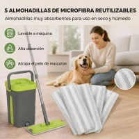 HOMCOM Set de Fregona Plana y Cubo con Escurridor 2 Compartimentos Cabezal 360° 5 Mopas Microfibra Uso Seco/Húmedo Gris Oscuro(m-6)
