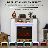 HOMCOM Elektrische haard met LED-verlichting, realistisch vlameffect, 1800W, schouw, 2 afstandsbedieningen, glas, Wit(m-4)