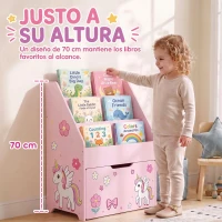 AIYAPLAY Librería Infantil con Cajón Móvil y 3 Estantes Estantería para Libros Diseño de Unicornio Montessori 3 a 8 Años Rosa(m-5)