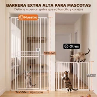 PawHut Barrera de Seguridad Perros Gatos Extra Alta 198 cm Extensible 74-100 cm para Puerta Escalera Montaje a Presión Blanco(m-4)