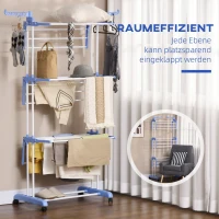 HOMCOM Wasrek 4 niveaus inklapbaar 4 wielen met 2 remmen Metalen frame Zilver+Blauw(m-6)