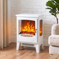 HOMCOM 900W/1800W Freestanding Electric Fireplace, Room Heater with Adjustable Artificial Flame, 3-Sided Tempered Glass, White(m-8)