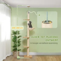 PawHut Plafondhoge krabpaal, anti-kantelbeveiliging, sisaltouwpaal, houtmateriaal, Eik+Crèmewit(m-4)