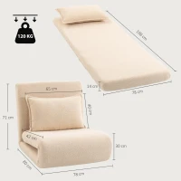 HOMCOM Składana sofa do spania 3 w 1 Przekształcany fotel do spania z poduszką, 5-stopniowe regulowane podparcie pleców, wykończenie Sherpa(m-3)