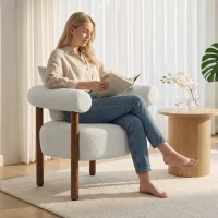 HOMCOM Poltrona em Tecido Teddy para Sala com Almofada Lombar, Assento Espesso e Estrutura em Madeira, Creme(m-5)