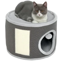 PawHut Kattenhol, 2 Niveaus, Kattenhuis, Pluche, Kussens, Sisal-Krabplank, Ø40 x 30H cm, Donkergrijs(m-11)