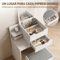 HOMCOM Tocador con Espejo Abatible y Espejo de Aumento Taburete Acolchado con Ruedas 2 Cajones y Balda Abierta Blanco(m-5)