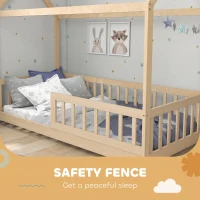 HOMCOM House-Shaped Kids Bed Frame with Guard Rails, Solid Pine Wood Single Bed Frame for Kids Boys and Girls, Natural(m-6)