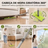 HOMCOM Conjunto de Mopa Plana e Balde com Espremedor 2 Compartimentos Cabeça 360° 5 Mopas de Microfibra Uso a Seco e Húmido Cinza Escuro(m-7)
