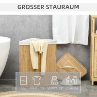 HOMCOM 55 L Wasmand met Deksel, Handvat, Was Sorteerder met Verwijderbare Waszak voor Badkamer, Bamboe, Natuur(m-4)