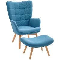 HOMCOM Accentstoel met Hocker, Relaxfauteuil in Corduroy-Look, Armstoel met Houten Poten, voor Woonkamer, Blauw(m-10)