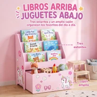 AIYAPLAY Librería Infantil con Cajón Móvil y 3 Estantes Estantería para Libros Diseño de Unicornio Montessori 3 a 8 Años Rosa(m-4)