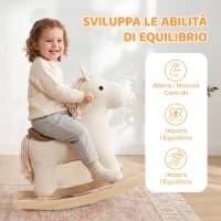 AIYAPLAY Cavallo a Dondolo per Bambini 18-36 Mesi in Velluto a Coste con Suoni e Base in Legno di Pioppo, Bianco(m-6)