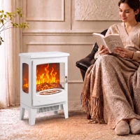 HOMCOM 900W/1800W Freestanding Electric Fireplace, Room Heater with Adjustable Artificial Flame, 3-Sided Tempered Glass, White(m-2)